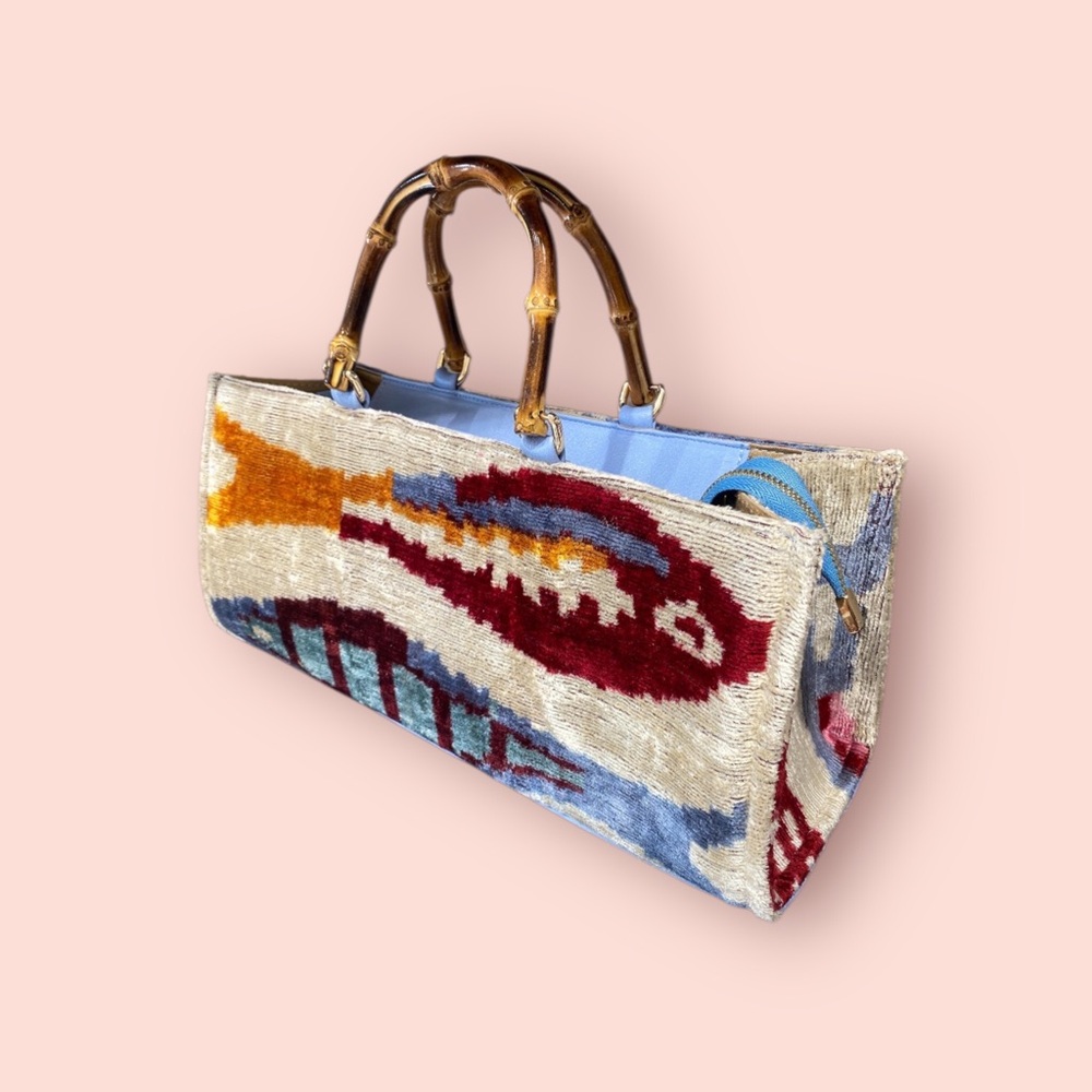 Beautiful Artsy Handmade Velvet Handbag with Bamboo Handles from Istanbul